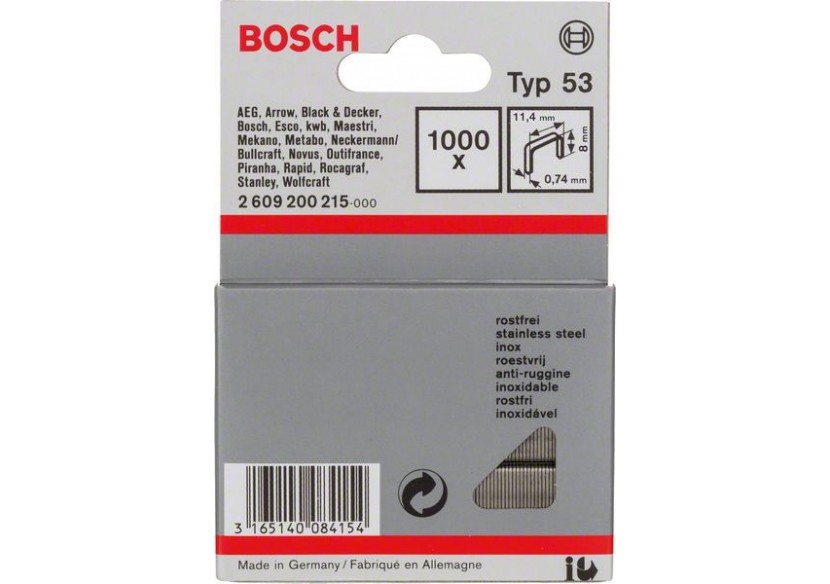 1000 Agrafes à fil fin de type 53 en acier inoxydable 8 mm - 2609200215 - Bosch