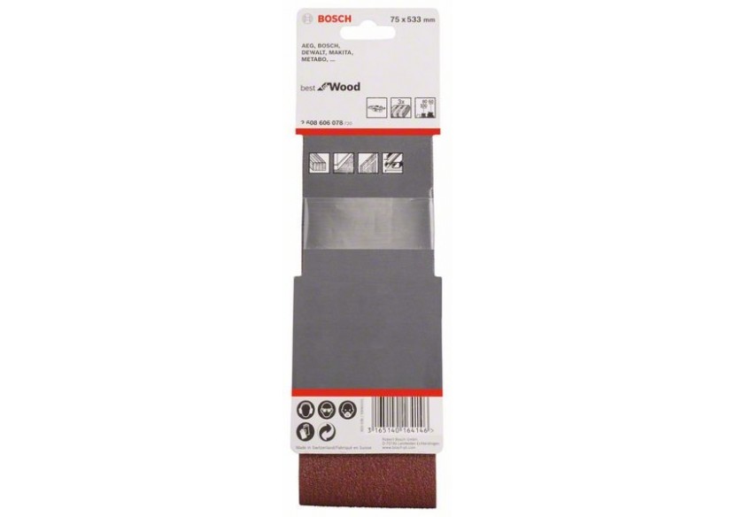 Bande abrasive X440, kit de 3 pièces 75 x 533 mm, 60 80 100 Pack de 3 - 2608606078 - Bosch Bande abrasive X440, kit de 3 pièces 75 x 533 mm, 60 80 100 Pack de 3 - 2608606078 - Bosch