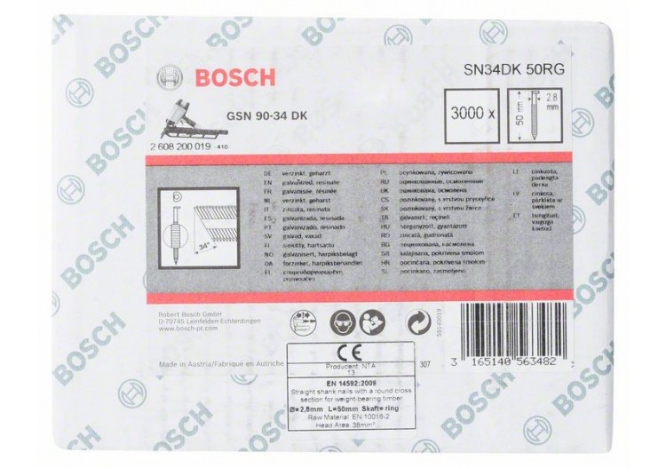Clou en bande tête D SN34DK 50RG 2,8 mm, 50 mm, galvanisé, rainuré galvanisés - 2608200019 - Bosch 2
