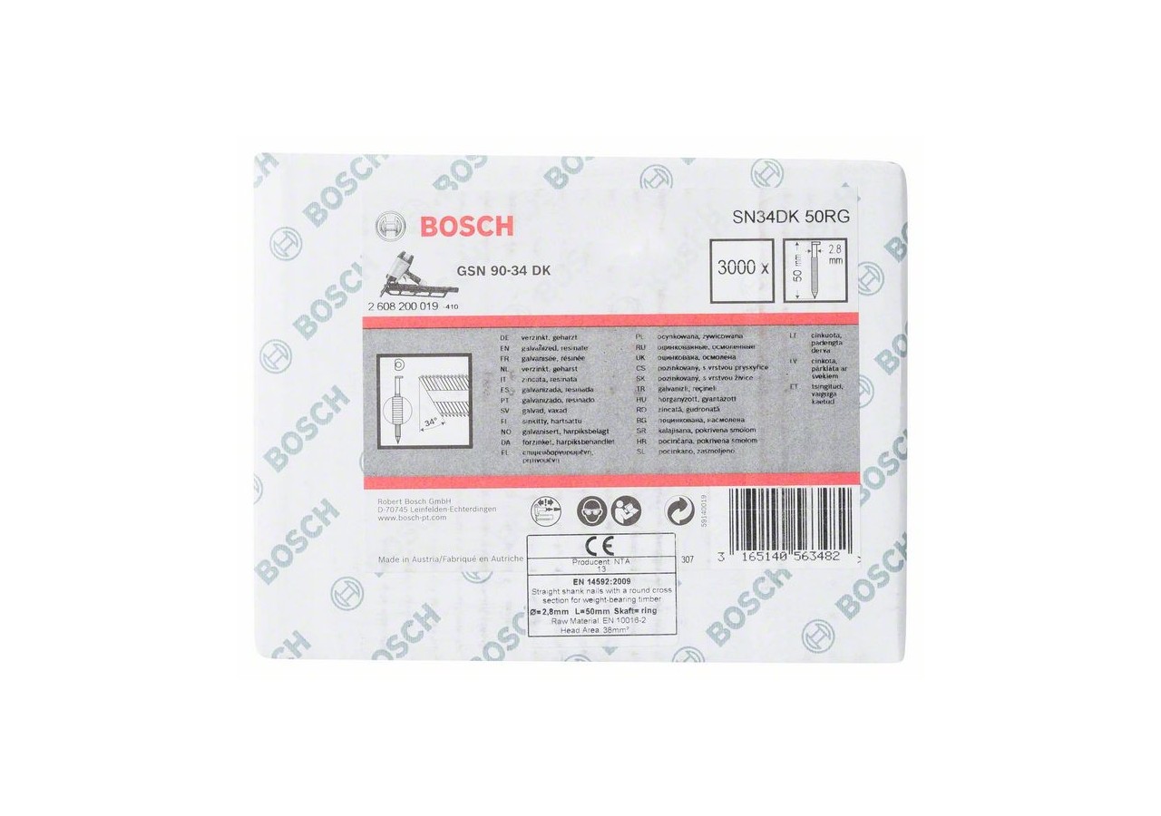 Clou en bande tête D SN34DK 50RG 2,8 mm, 50 mm, galvanisé, rainuré galvanisés - 2608200019 - Bosch