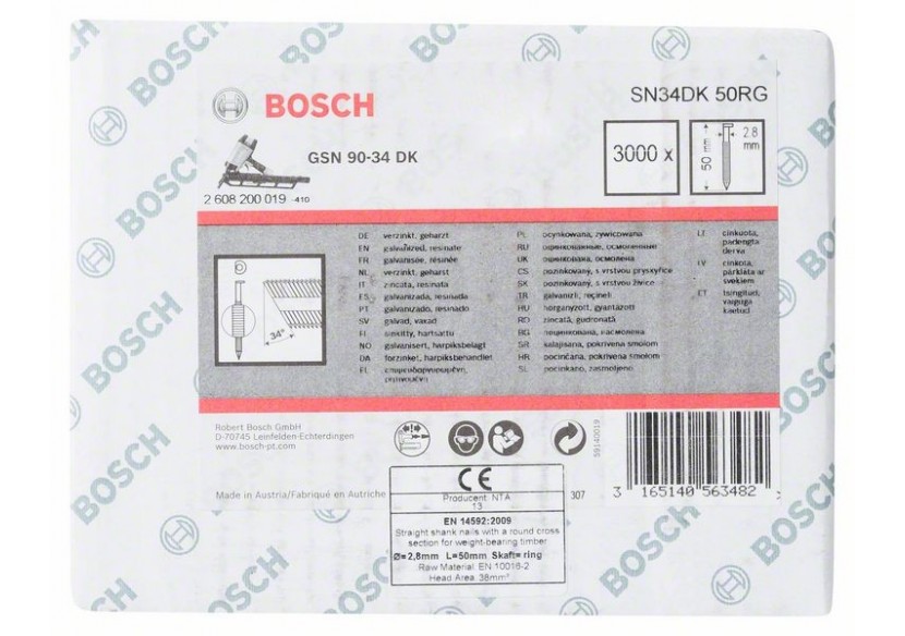 Clou en bande tête D SN34DK 50RG 2,8 mm, 50 mm, galvanisé, rainuré galvanisés - 2608200019 - Bosch