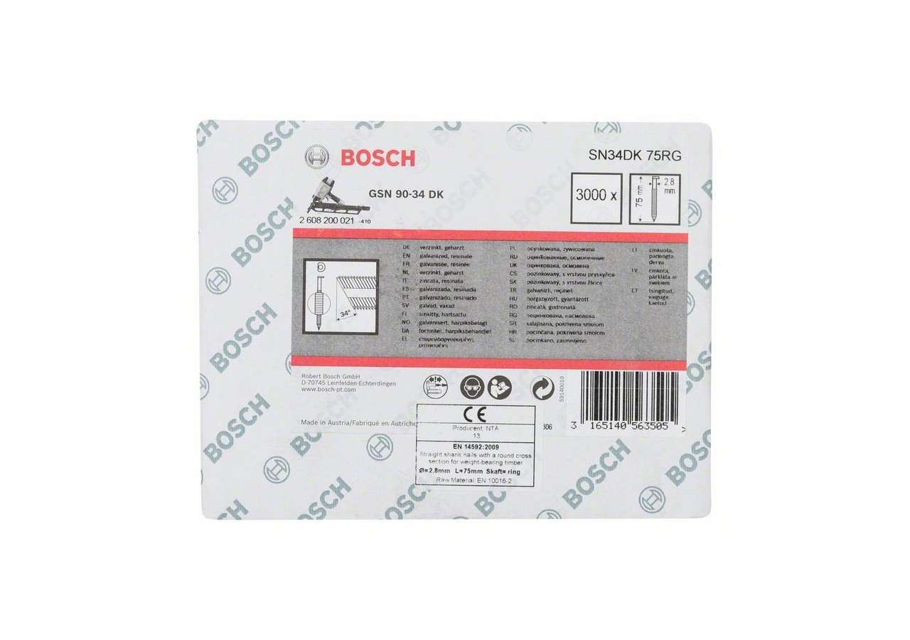 Clou en bande tête D SN34DK 75RG 2,8 mm, 75 mm, galvanisé, rainuré galvanisés - 2608200021 - Bosch