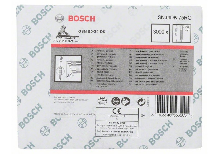 Clou en bande tête D SN34DK 75RG 2,8 mm, 75 mm, galvanisé, rainuré galvanisés - 2608200021 - Bosch