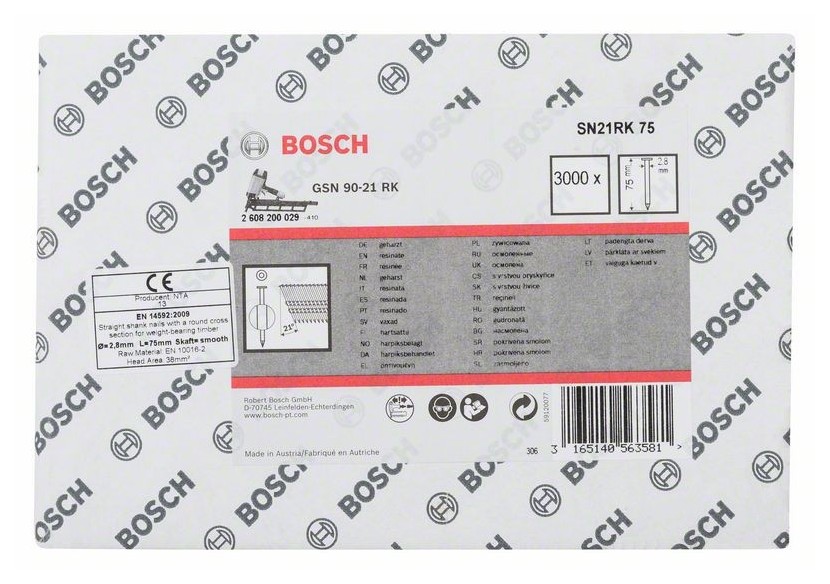 Clou en bande tête ronde SN21RK 75 2,8 mm, 75 mm, métallique, lisse brillants - 2608200029 - Bosch Clou en bande tête ronde SN21RK 75 2,8 mm, 75 mm, métallique, lisse brillants - 2608200029 - Bosch