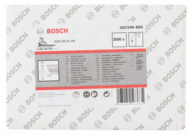 Clou en bande tête ronde SN21RK 80G 3,1 mm, 80 mm, galvanisé, lisse galvanisés - 2608200034 - Bosch