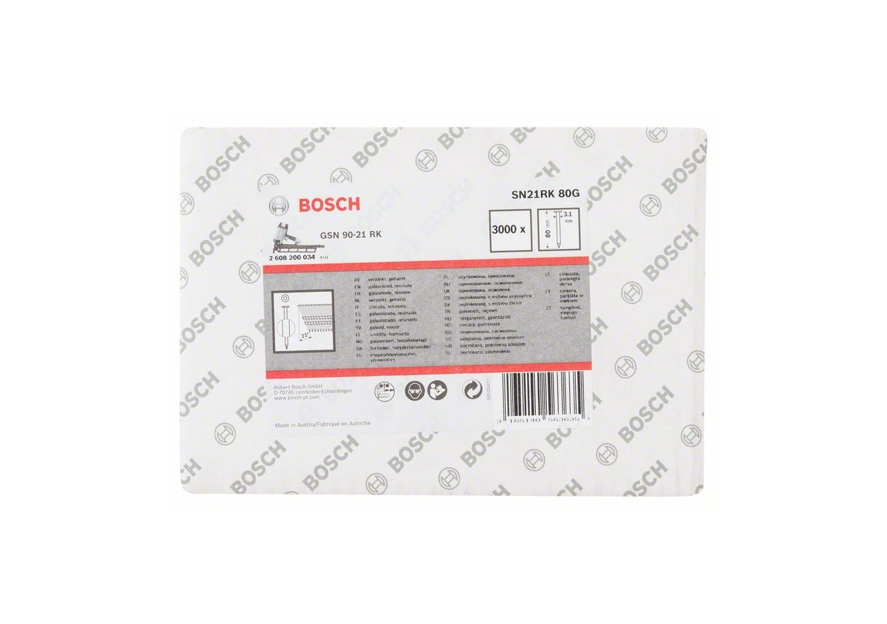 Clou en bande tête ronde SN21RK 80G 3,1 mm, 80 mm, galvanisé, lisse galvanisés - 2608200034 - Bosch