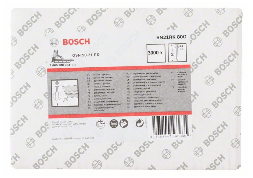 Clou en bande tête ronde SN21RK 80G 3,1 mm, 80 mm, galvanisé, lisse galvanisés - 2608200034 - Bosch Clou en bande tête ronde SN21RK 80G 3,1 mm, 80 mm, galvanisé, lisse galvanisés - 2608200034 - Bosch