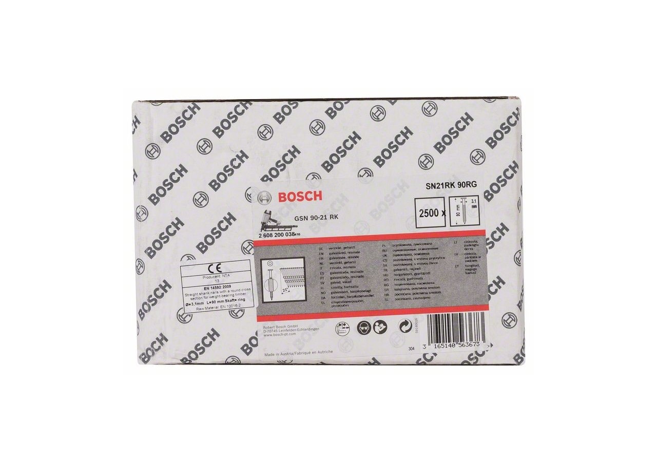 Clou en bande tête ronde SN21RK 90RG 3,1 mm, 90 mm, galvanisé, rainuré galvanisés - 2608200038 - Bosch