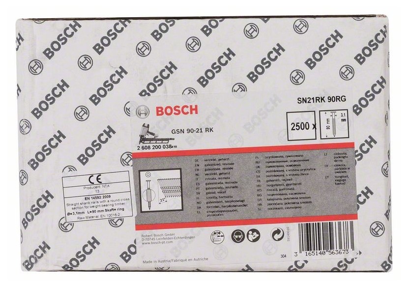 Clou en bande tête ronde SN21RK 90RG 3,1 mm, 90 mm, galvanisé, rainuré galvanisés - 2608200038 - Bosch Clou en bande tête ronde SN21RK 90RG 3,1 mm, 90 mm, galvanisé, rainuré galvanisés - 2608200038 - Bosch