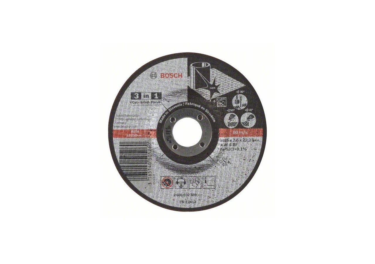Disque à tronçonner 3 en 1 A 46 S BF, 125 mm, 2,5 mm Moyeu déporté - 2608602389 - Bosch