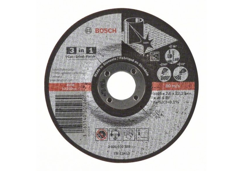 Disque à tronçonner 3 en 1 A 46 S BF, 125 mm, 2,5 mm Moyeu déporté - 2608602389 - Bosch