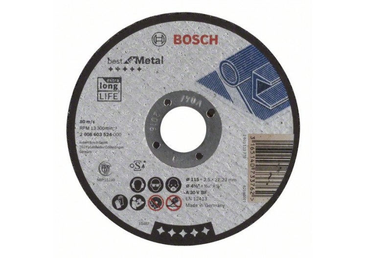 Disque à tronçonner à moyeu plat Best for Metal A 30 V BF, 115 mm, 2,5 mm Moyeu plat - 2608603524 - Bosch