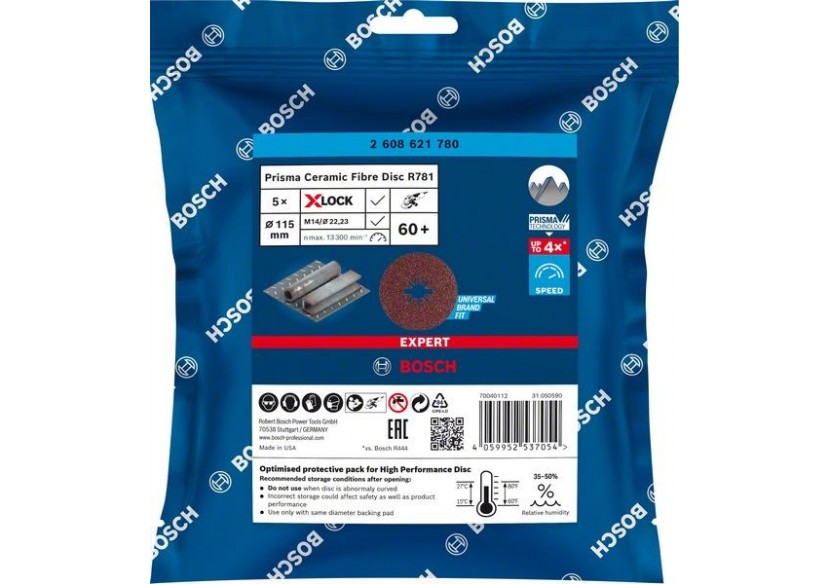 Disque sur fibre céramique X-LOCK Prisma Expert R781 115 mm, 22,23 mm, G 60 - 2608621780 - Bosch