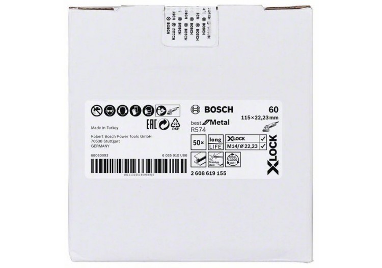 Disques abrasifs en fibre X-LOCK, Ø 115 mm, G 60, R574, Best for Metal, 1 pc - EN 13743 - 2608619155 - Bosch