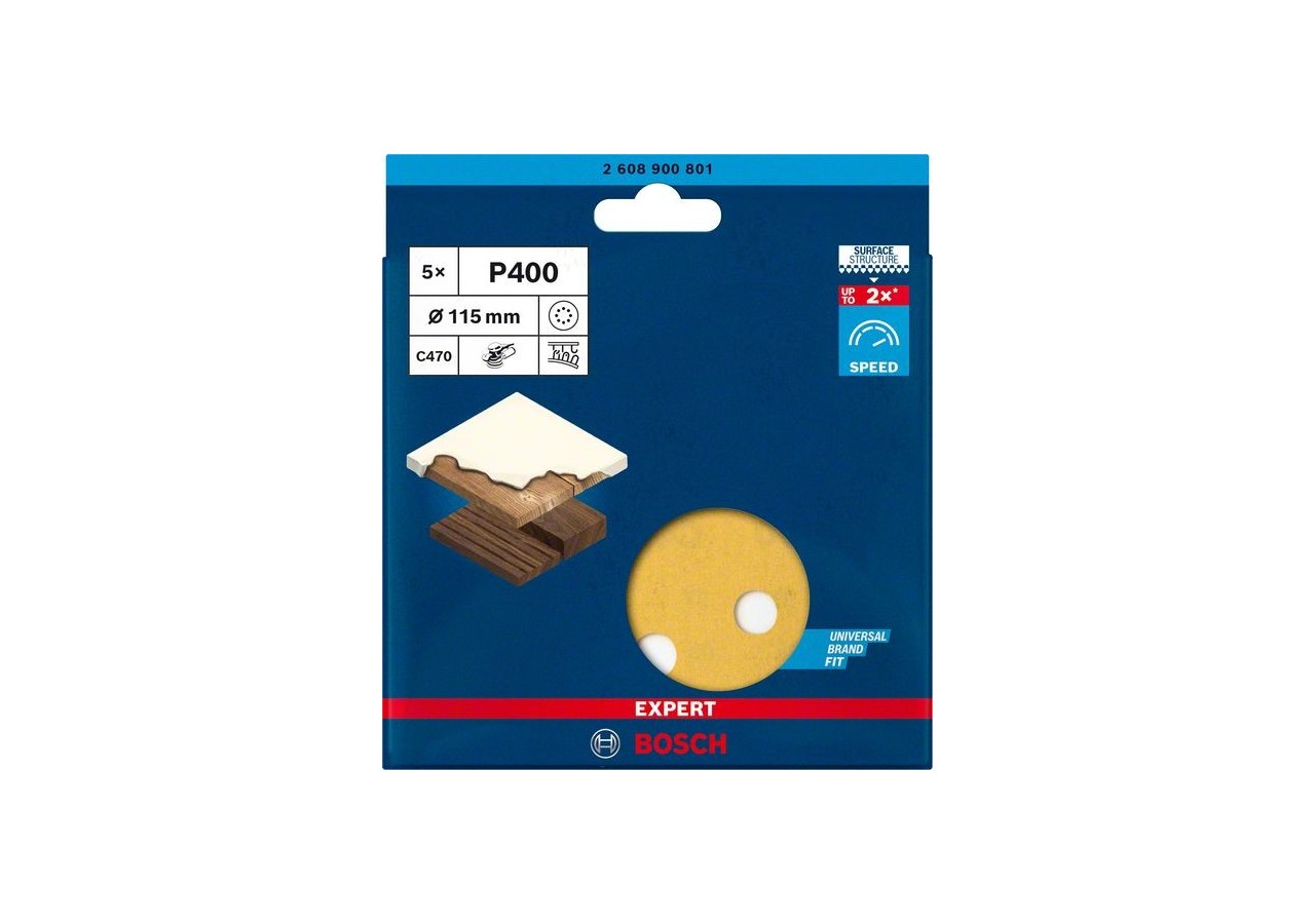 Feuille abrasive Expert C470 pour ponceuses excentriques 115 mm, 8 trous, G 400 5 pces - 2608900801 - Bosch