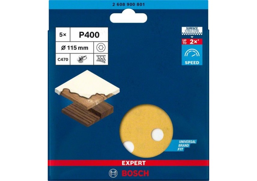 Feuille abrasive Expert C470 pour ponceuses excentriques 115 mm, 8 trous, G 400 5 pces - 2608900801 - Bosch Feuille abrasive Expert C470 pour ponceuses excentriques 115 mm, 8 trous, G 400 5 pces - 2608900801 - Bosch