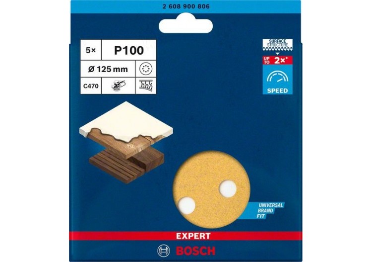Feuille abrasive Expert C470 pour ponceuses excentriques 125 mm, 8 trous, G 100 5 pces - 2608900806 - Bosch