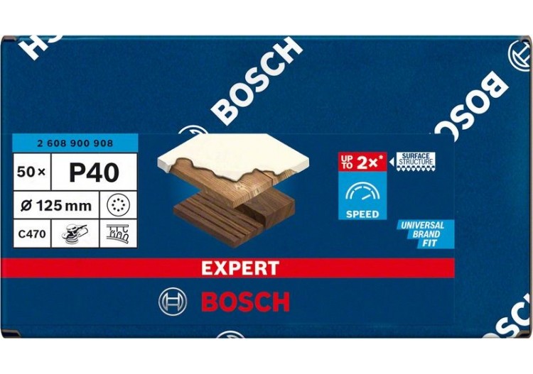Feuille abrasive Expert C470 pour ponceuses excentriques 125 mm, 8 trous, G 40 50 pces - 2608900908 - Bosch