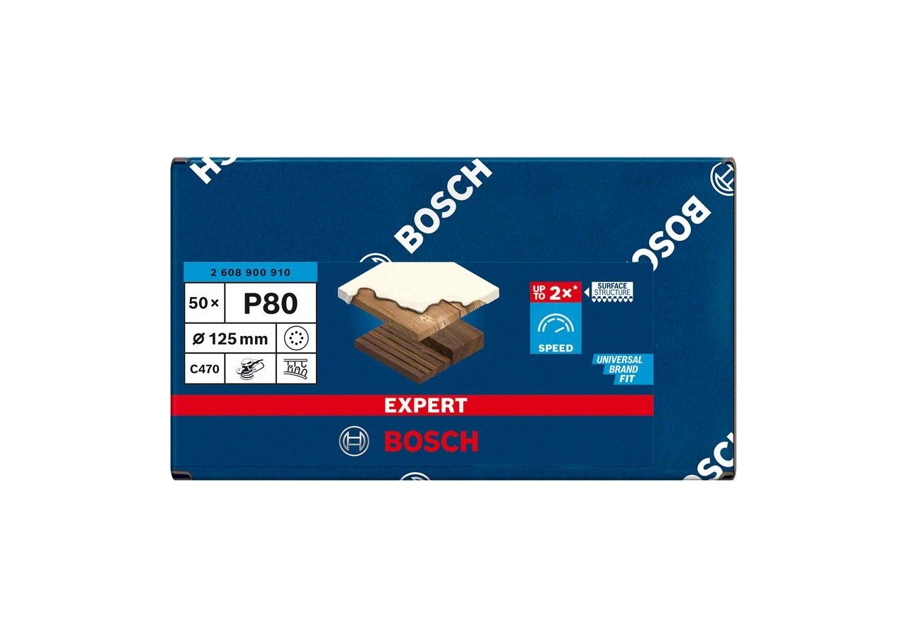 Feuille abrasive Expert C470 pour ponceuses excentriques 125 mm, 8 trous, G 80 50 pces - 2608900910 - Bosch