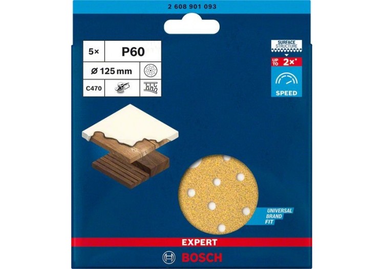 Feuille abrasive Expert C470 pour ponceuses excentriques 125 mm, multi-trous, G 60 5 pces - 2608901093 - Bosch