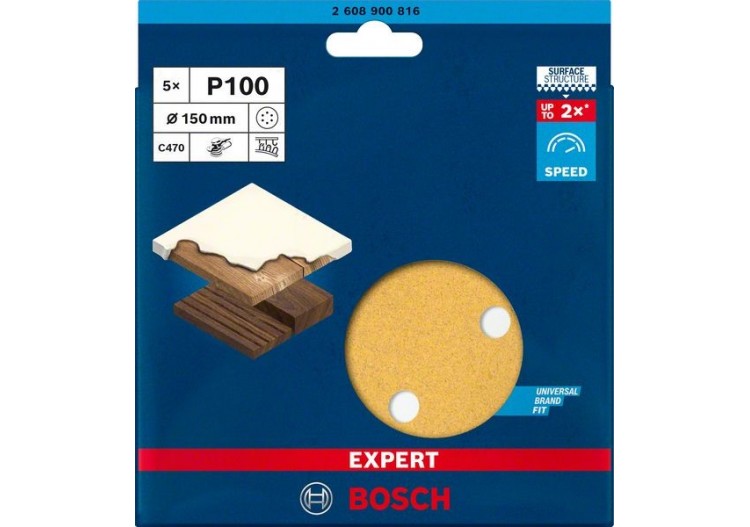 Feuille abrasive Expert C470 pour ponceuses excentriques 150 mm, 6 trous, G 100 5 pces - 2608900816 - Bosch