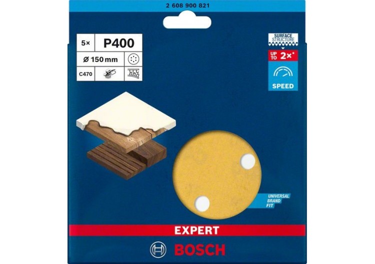 Feuille abrasive Expert C470 pour ponceuses excentriques 150 mm, 6 trous, G 400 5 pces - 2608900821 - Bosch