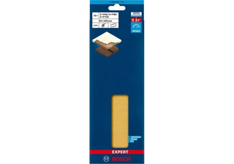 10 abrasifs rectangulaires bois et peinture C470 EXPERT 93x230mm G40/80/120/180 - 2608901112 - Bosch