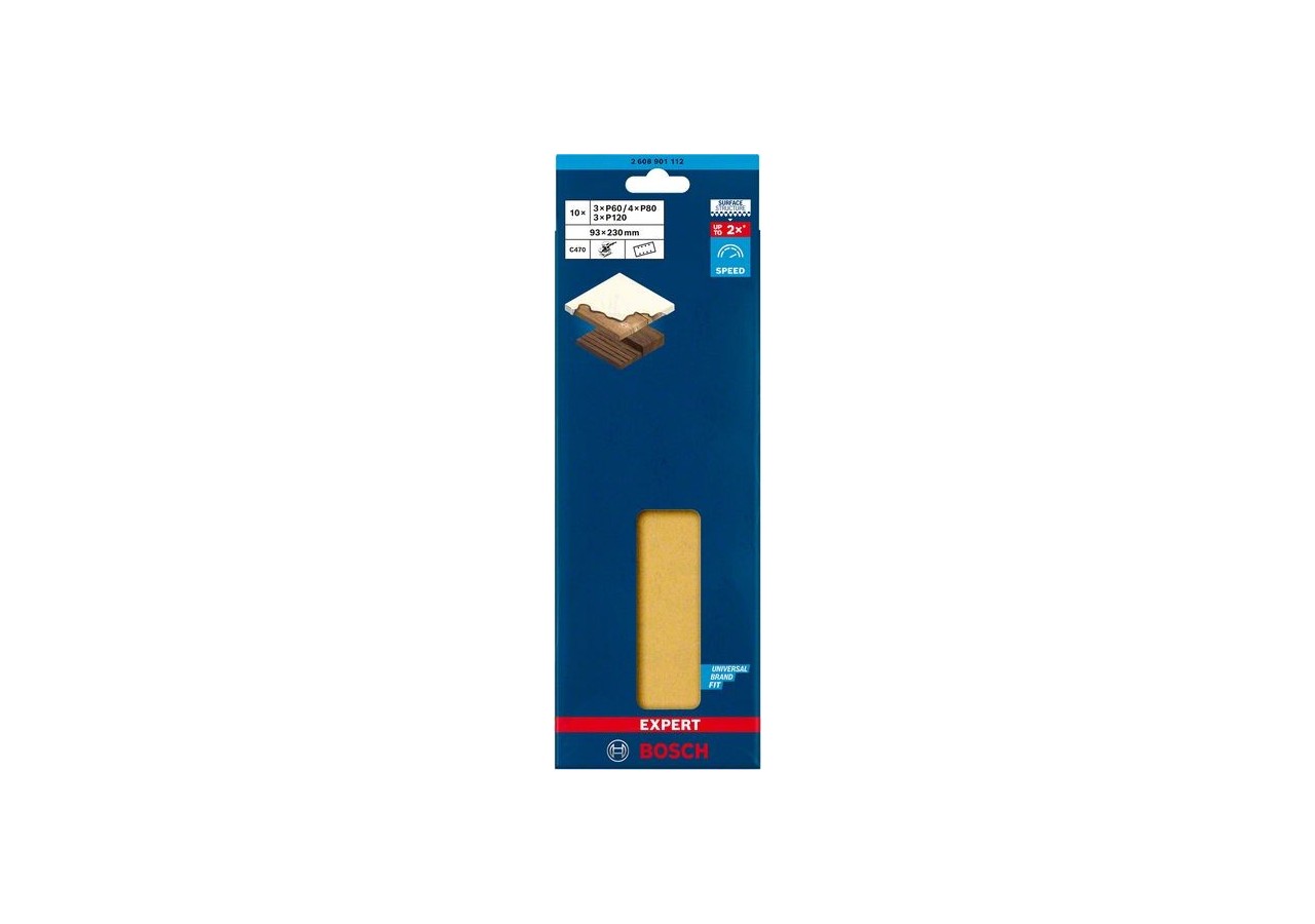 10 abrasifs rectangulaires bois et peinture C470 EXPERT 93x230mm G40/80/120/180 - 2608901112 - Bosch