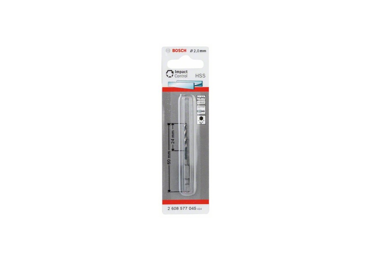 Foret hélicoïdal HSS à queue six pans 2,0 mm 2 x 24 x 60 mm Pack de 1 - 2608577045 - Bosch