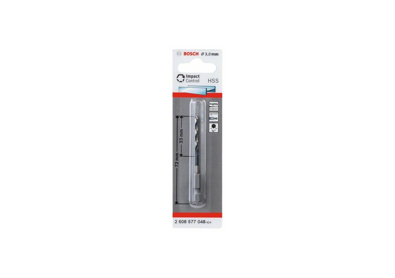 Foret hélicoïdal HSS à queue six pans 3,0 mm 3 x 33 x 72 mm Pack de 1 - 2608577048 - Bosch