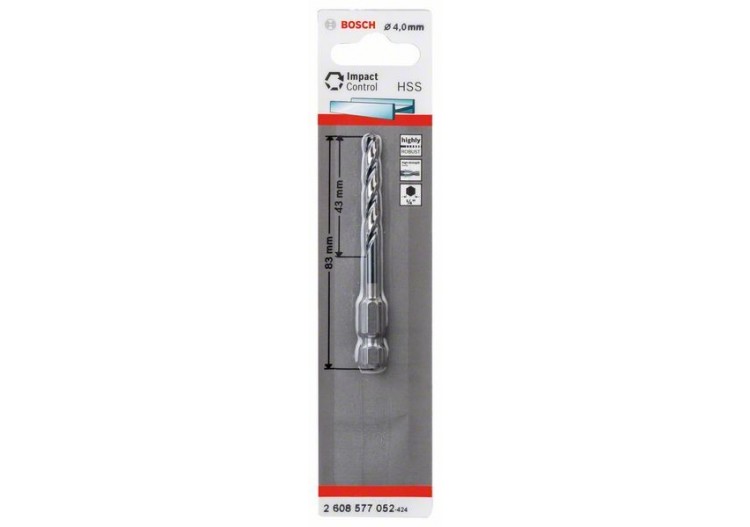 Foret hélicoïdal HSS à queue six pans 4,0 mm 4 x 43 x 83 mm Pack de 1 - 2608577052 - Bosch