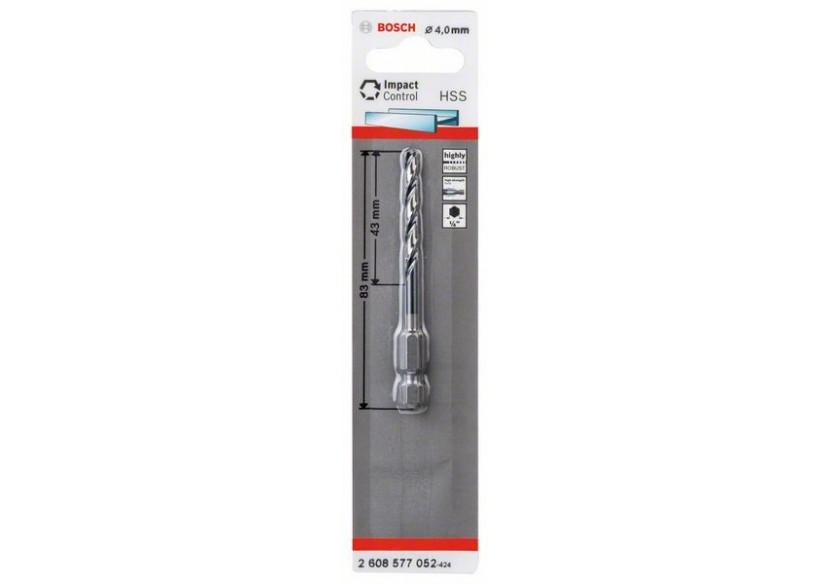 Foret hélicoïdal HSS à queue six pans 4,0 mm 4 x 43 x 83 mm Pack de 1 - 2608577052 - Bosch
