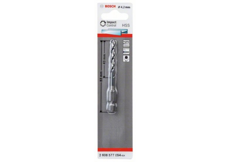 Foret hélicoïdal HSS à queue six pans 4,2 mm 4.2 x 43 x 83 mm Pack de 1 - 2608577054 - Bosch
