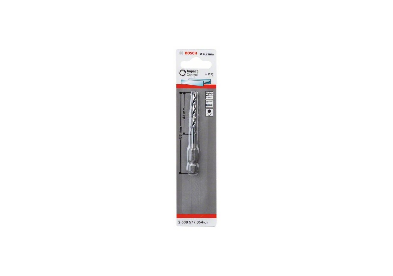 Foret hélicoïdal HSS à queue six pans 4,2 mm 4.2 x 43 x 83 mm Pack de 1 - 2608577054 - Bosch
