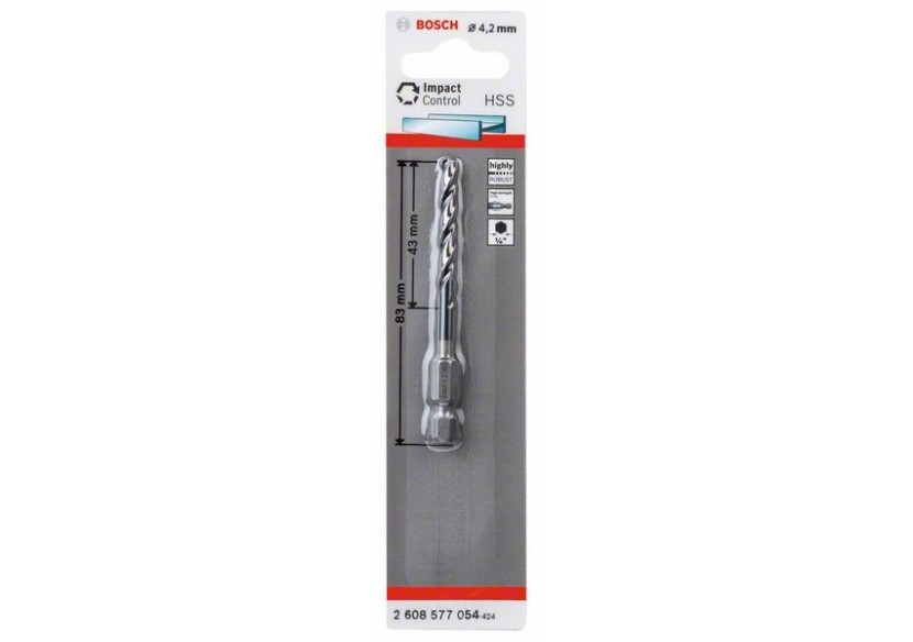 Foret hélicoïdal HSS à queue six pans 4,2 mm 4.2 x 43 x 83 mm Pack de 1 - 2608577054 - Bosch
