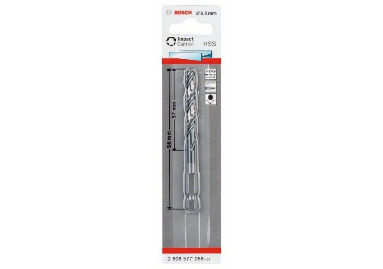 Foret hélicoïdal HSS à queue six pans 6,0 mm 6 x 57 x 98 mm Pack de 1 - 2608577058 - Bosch