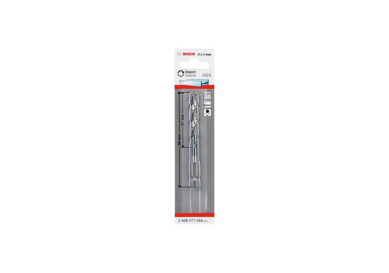 Foret hélicoïdal HSS à queue six pans 6,0 mm 6 x 57 x 98 mm Pack de 1 - 2608577058 - Bosch