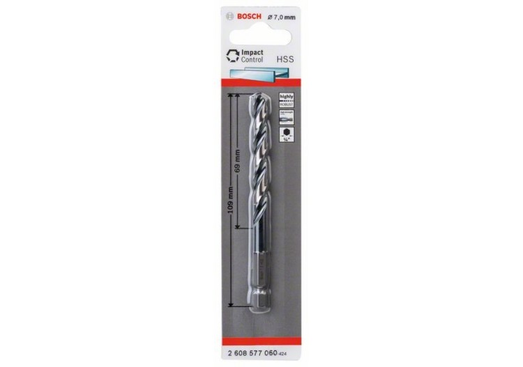 Foret hélicoïdal HSS à queue six pans 7,0 mm 7 x 69 x 109 mm Pack de 1 - 2608577060 - Bosch
