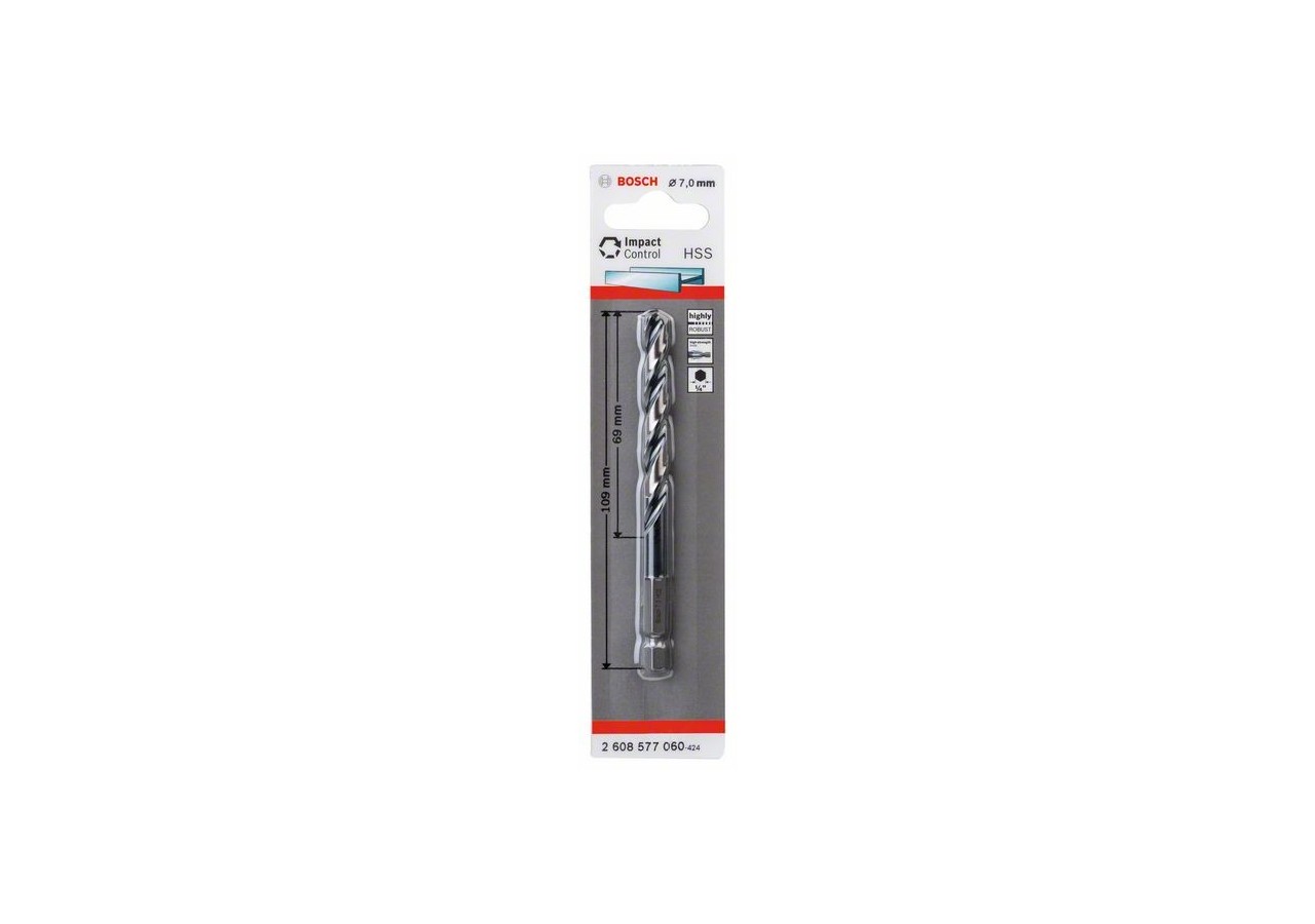 Foret hélicoïdal HSS à queue six pans 7,0 mm 7 x 69 x 109 mm Pack de 1 - 2608577060 - Bosch