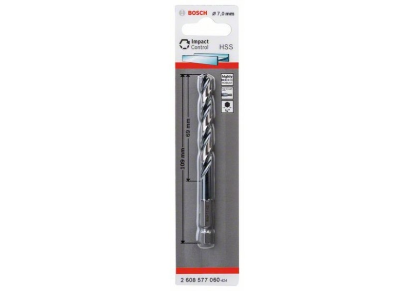 Foret hélicoïdal HSS à queue six pans 7,0 mm 7 x 69 x 109 mm Pack de 1 - 2608577060 - Bosch