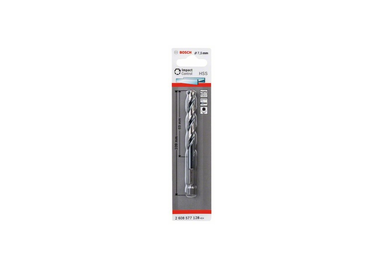 Foret hélicoïdal HSS à queue six pans 7,5 mm 7.5 x 69 x 109 mm Pack de 1 - 2608577128 - Bosch