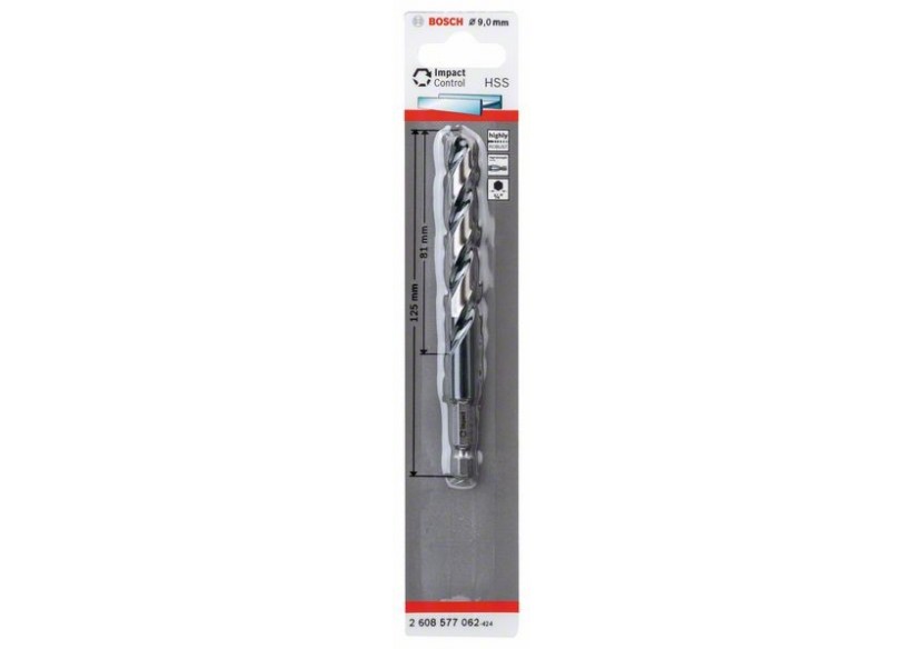 Foret hélicoïdal HSS à queue six pans 9,0 mm 9 x 81 x 125 mm Pack de 1 - 2608577062 - Bosch