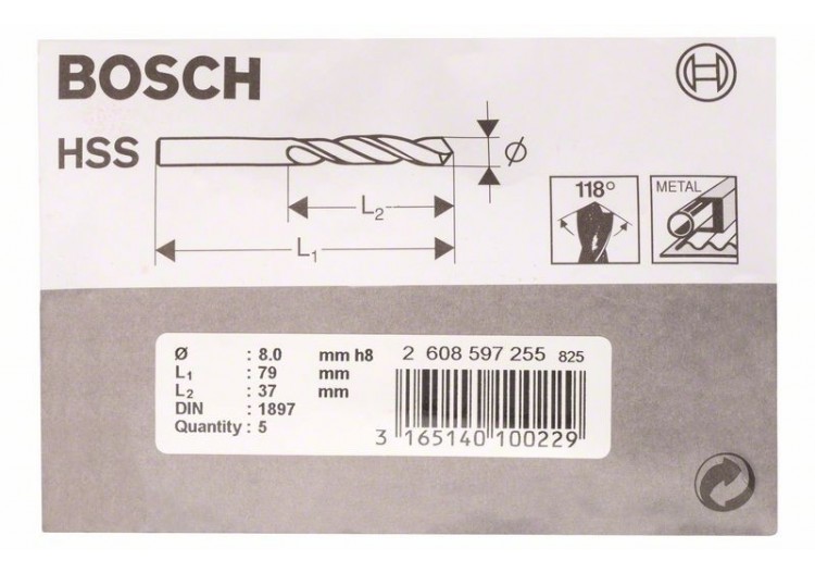 Forets à carrosserie laminés HSS-R, DIN 1897 8 x 37 x 79 mm Pack de 5 - 2608597255 - Bosch