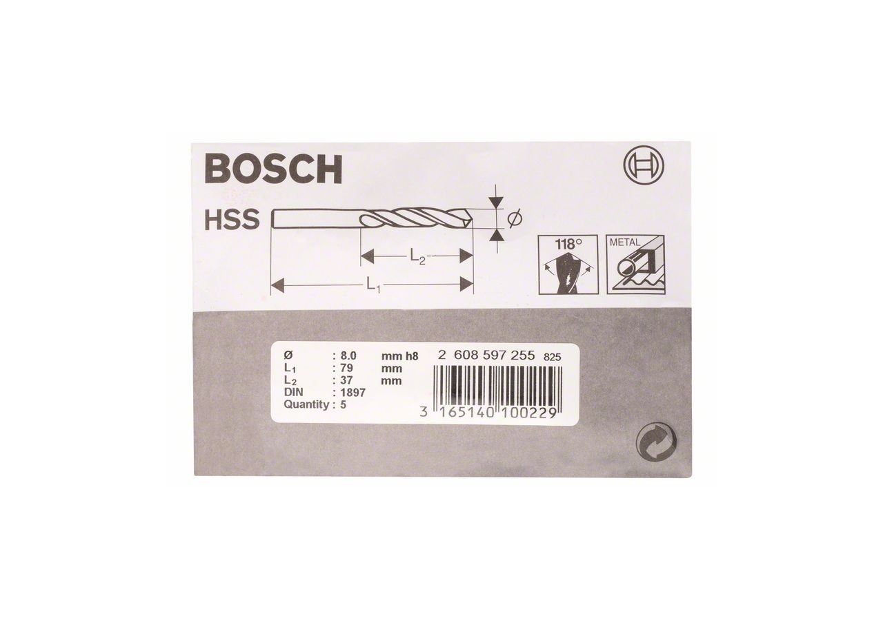 Forets à carrosserie laminés HSS-R, DIN 1897 8 x 37 x 79 mm Pack de 5 - 2608597255 - Bosch