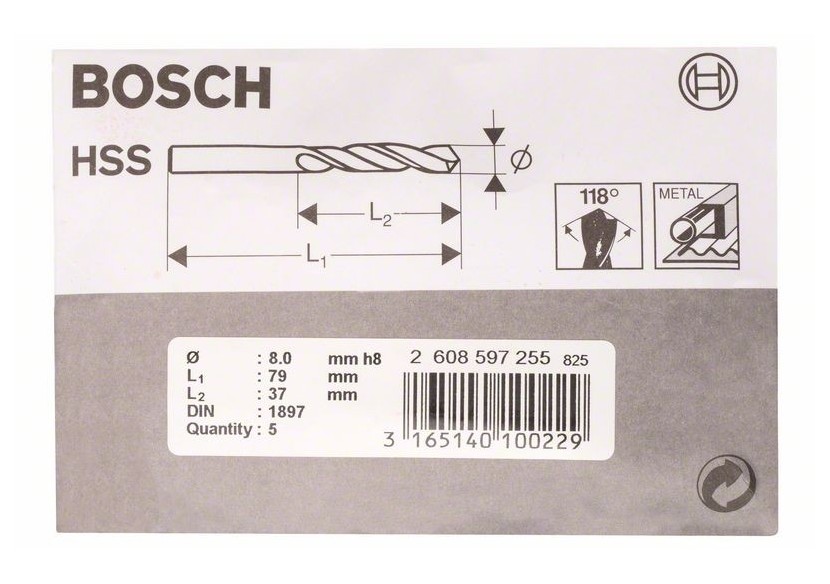 Forets à carrosserie laminés HSS-R, DIN 1897 8 x 37 x 79 mm Pack de 5 - 2608597255 - Bosch
