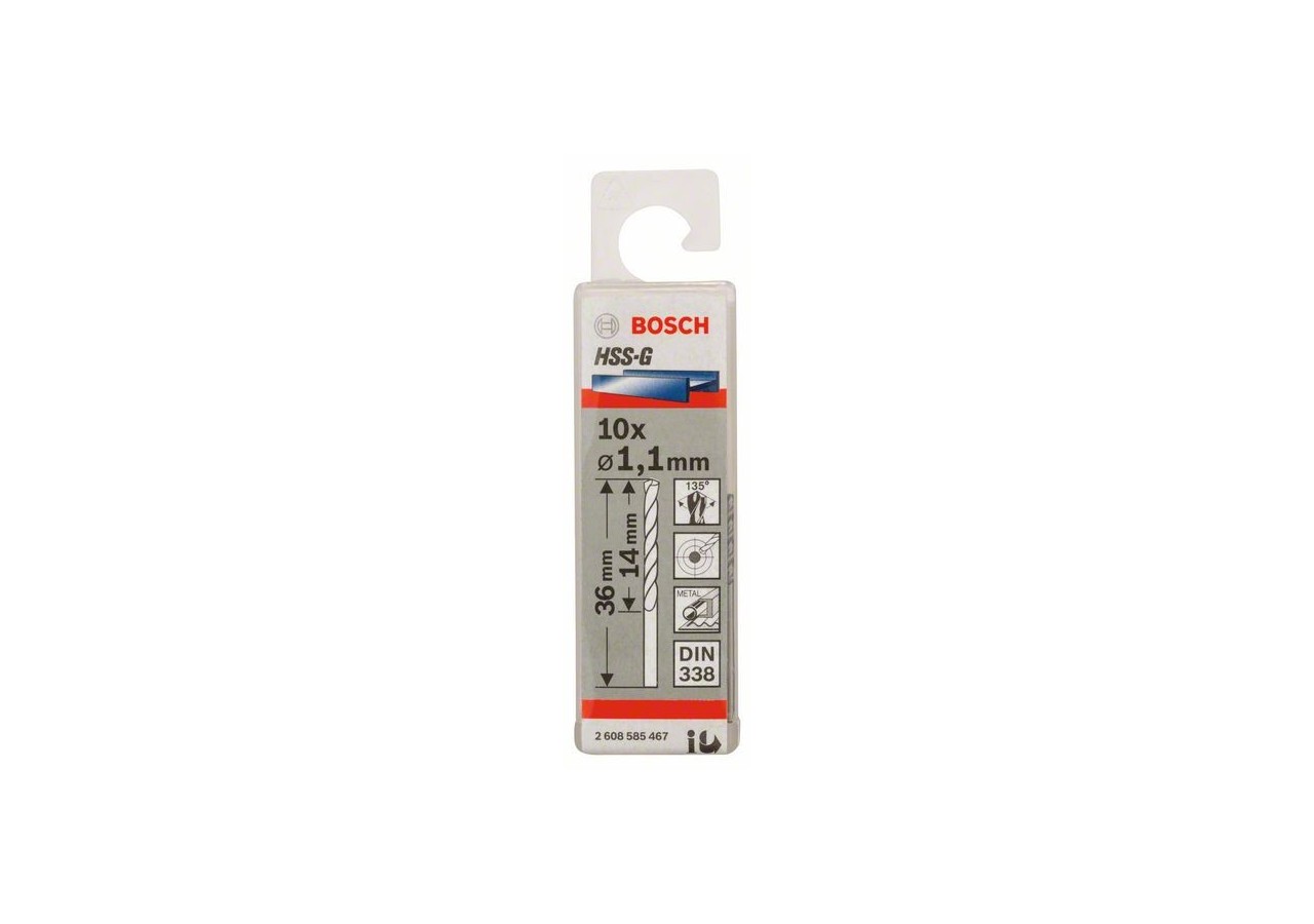 Forets à métaux rectifiés HSS-G, DIN 338 1,1 x 14 x 36 mm Pack de 10 - 2608585467 - Bosch
