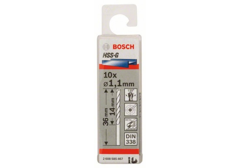 Forets à métaux rectifiés HSS-G, DIN 338 1,1 x 14 x 36 mm Pack de 10 - 2608585467 - Bosch