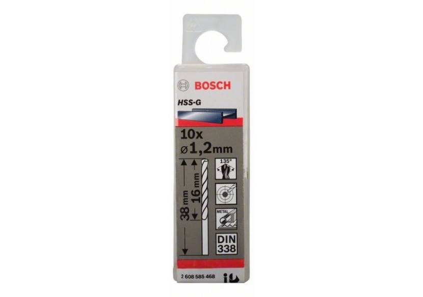 Forets à métaux rectifiés HSS-G, DIN 338 1,2 x 16 x 38 mm Pack de 10 - 2608585468 - Bosch