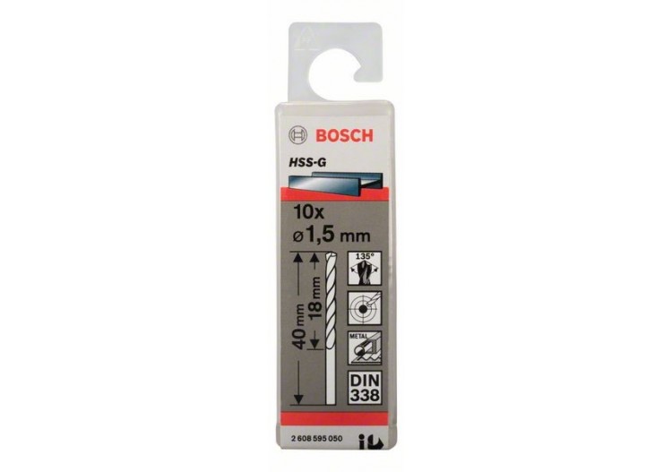 Forets à métaux rectifiés HSS-G, DIN 338 1,5 x 18 x 40 mm Pack de 10 - 2608595050 - Bosch
