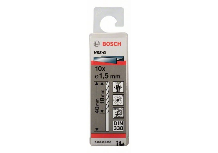 Forets à métaux rectifiés HSS-G, DIN 338 1,5 x 18 x 40 mm Pack de 10 - 2608595050 - Bosch